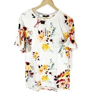 LAINAB White Floral Ruffle Sleeve Top Sz S Yellow Pink Flower 1/2 Sleeve NEW